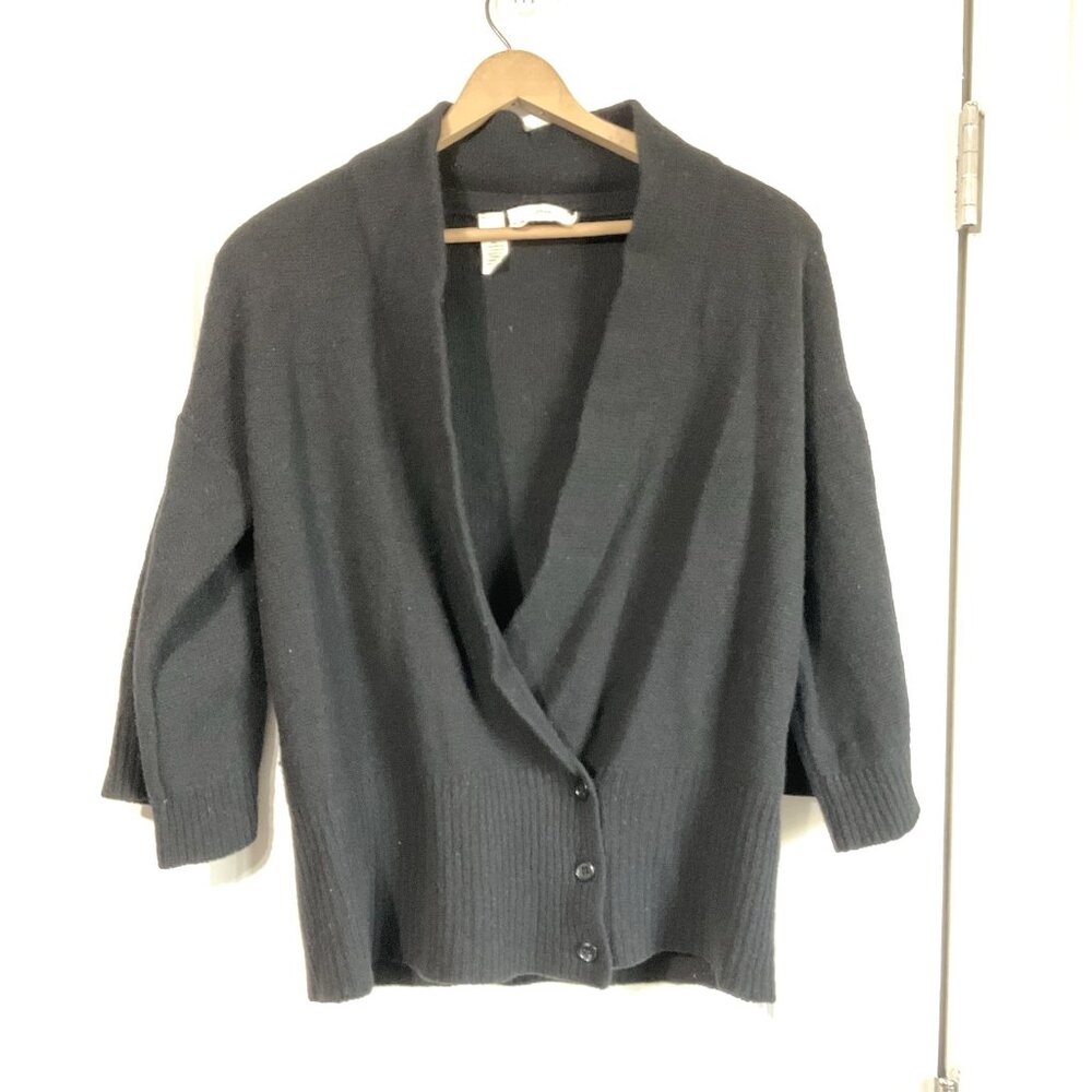 Pure‎ DKNY Black Wrap Cardigan Lambs Wool Cashmere Women’s Small Bell Sleeve Lux